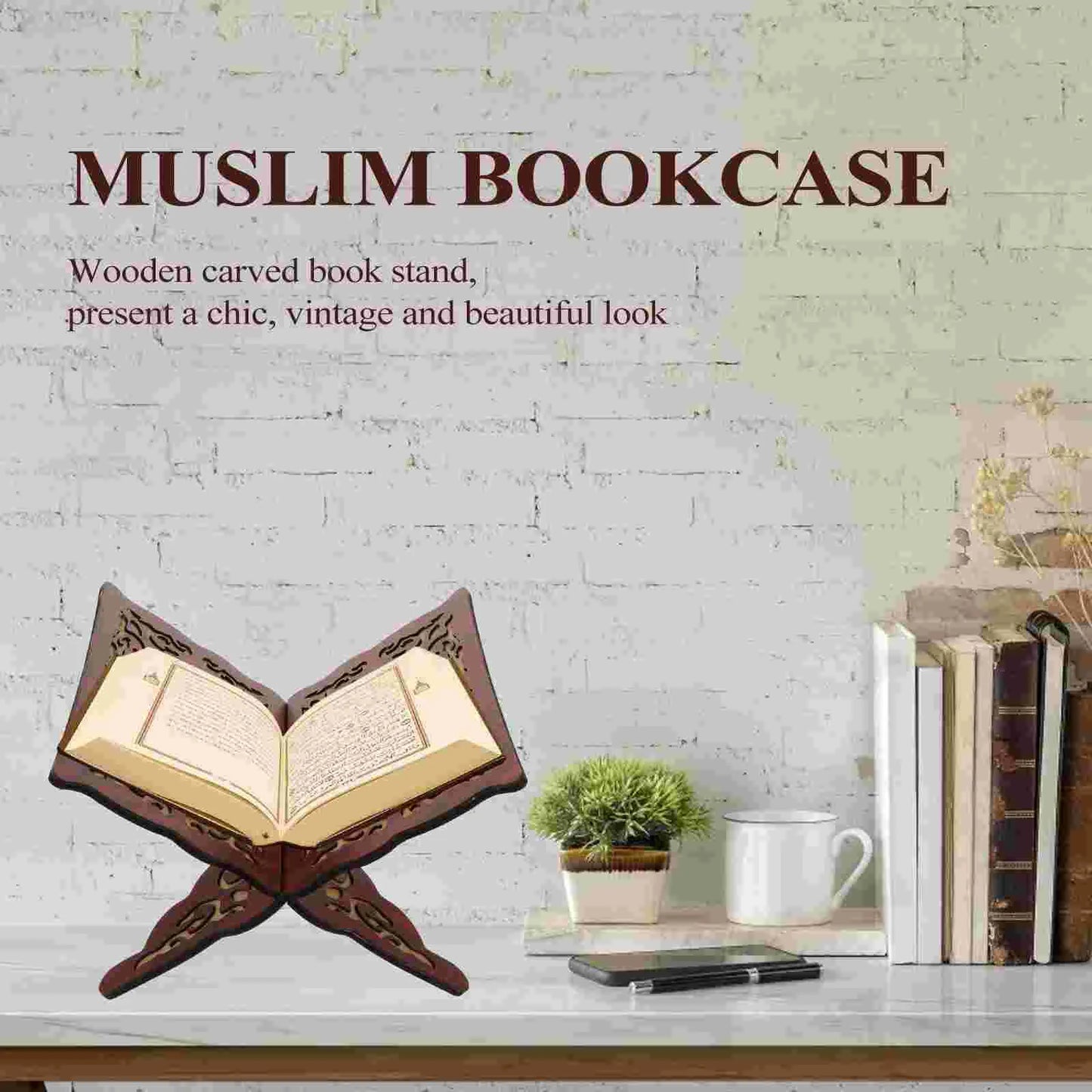 2Pcs Wooden Book Stand Islamic Quran Holder Vintage Carved Bookshelf Religious Decoration Foldable Book Holder For Festival Wood