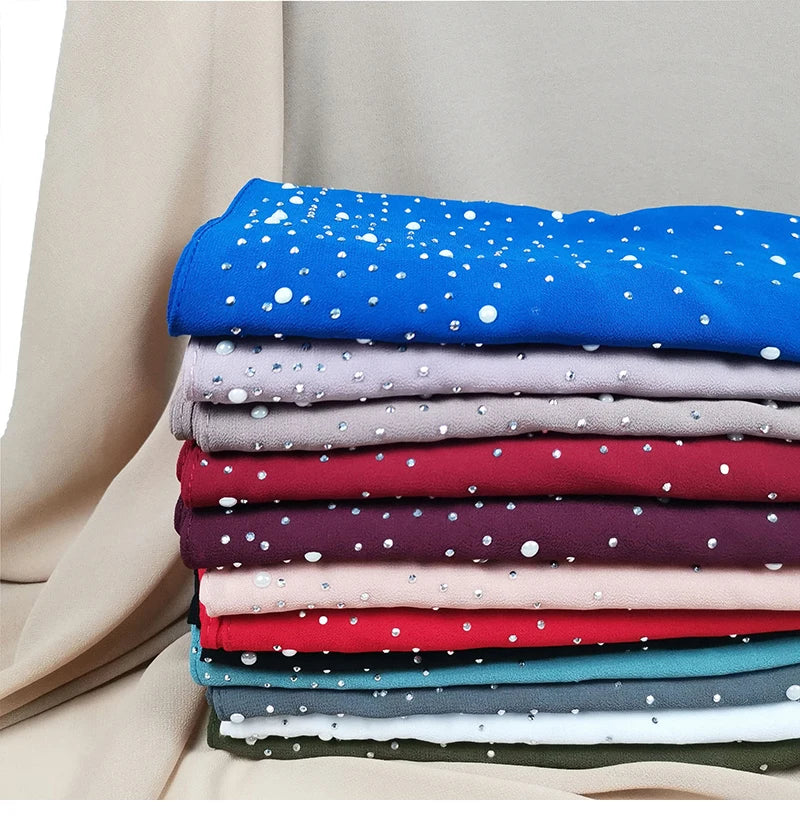 Fashion Plain Diamond Beads Bubble Chiffon Hijabs Shawls Head Wraps Hijabs For Woman Foulard Sjaal Bonnet Cachecol 180*75cm