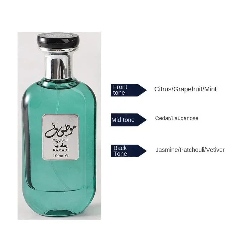 The 100 - ml original Dubai MOUSUF Arabian perfume is a unisex light fragrance. It combines various scents like