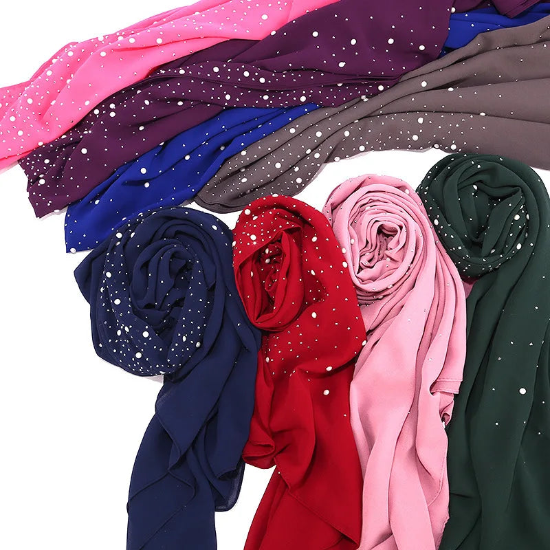 Fashion Plain Diamond Beads Bubble Chiffon Hijabs Shawls Head Wraps Hijabs For Woman Foulard Sjaal Bonnet Cachecol 180*75cm