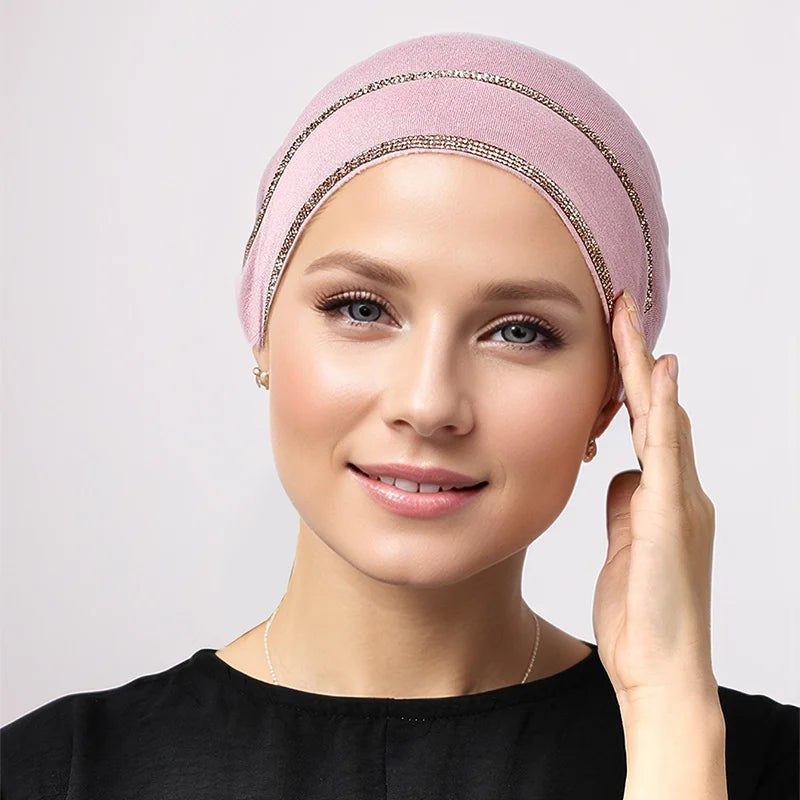 Double Row Rhinestone Hijabs Women Tie Back Caps Muslim Shiny Inner Hijabs Turban Elasticity Strap Caps Soft Jersey Undercaps