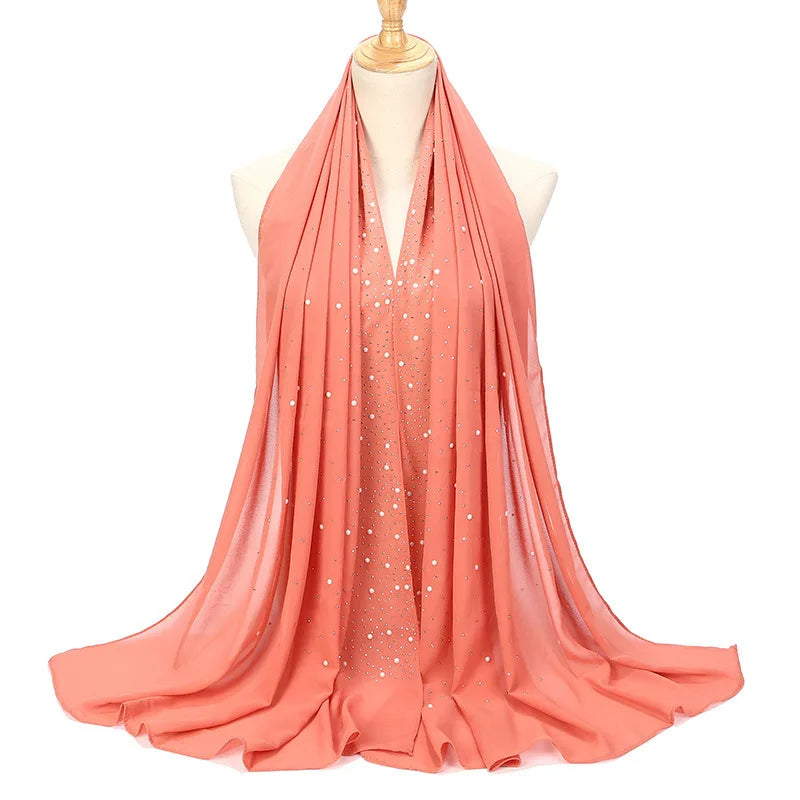 Fashion Plain Diamond Beads Bubble Chiffon Hijabs Shawls Head Wraps Hijabs For Woman Foulard Sjaal Bonnet Cachecol 180*75cm