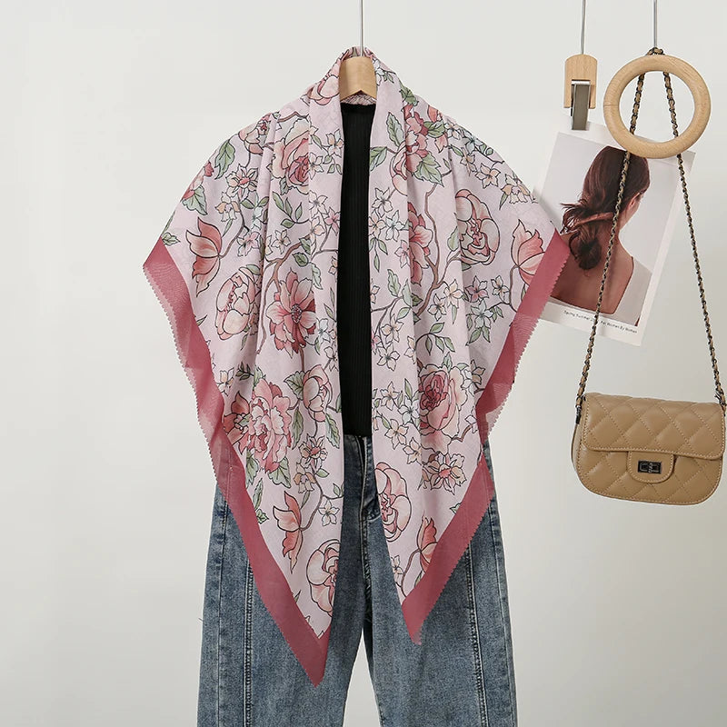 Wholesale 110*110cm Printed Viscose Scarf Malaysia Floral Square Hijabs Laser Edge Maldives Scarves Premium Muslim Woman Hijabs