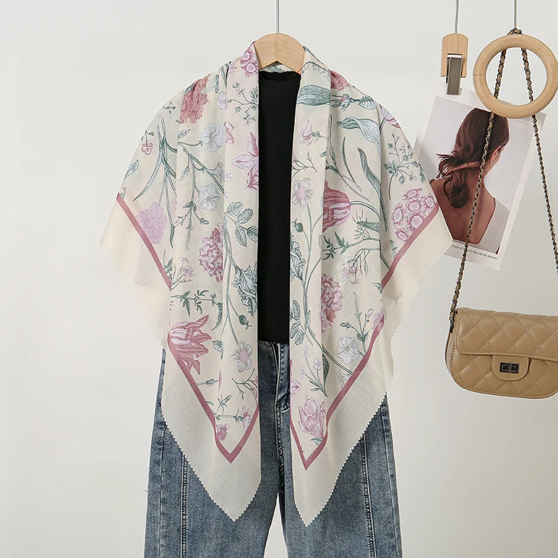 Wholesale 110*110cm Printed Viscose Scarf Malaysia Floral Square Hijabs Laser Edge Maldives Scarves Premium Muslim Woman Hijabs