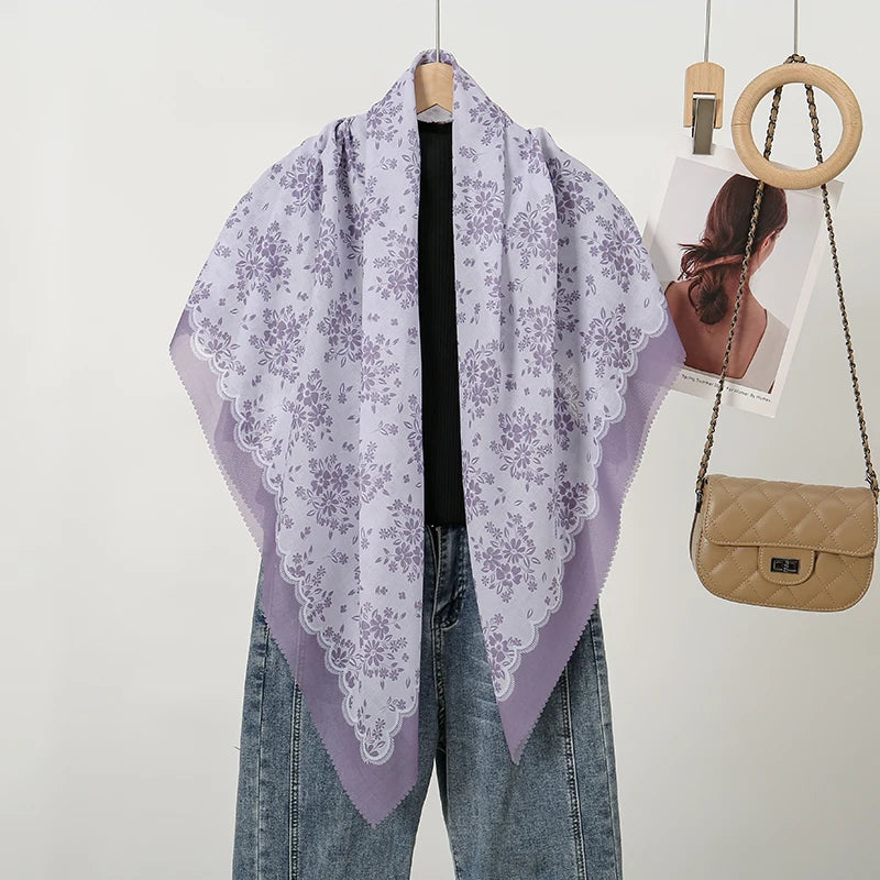 Wholesale 110*110cm Printed Viscose Scarf Malaysia Floral Square Hijabs Laser Edge Maldives Scarves Premium Muslim Woman Hijabs
