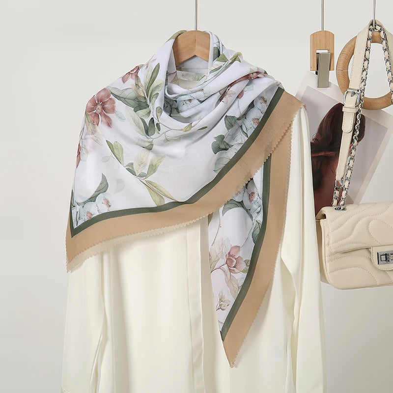 Wholesale 110*110cm Printed Viscose Scarf Malaysia Floral Square Hijabs Laser Edge Maldives Scarves Premium Muslim Woman Hijabs