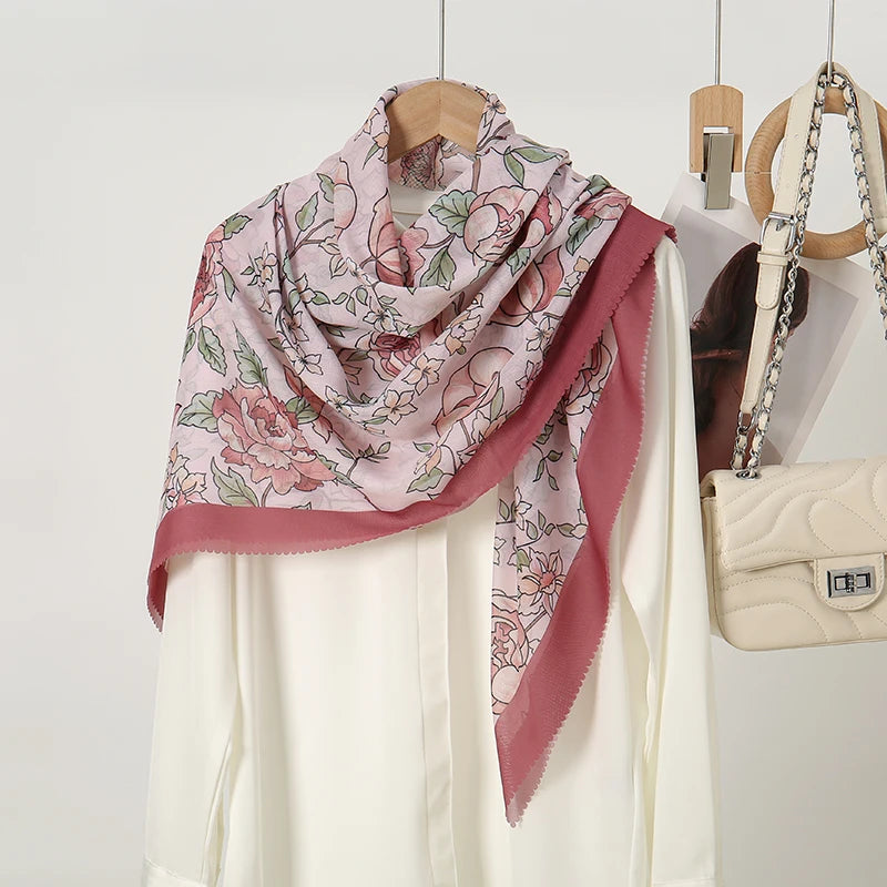 Wholesale 110*110cm Printed Viscose Scarf Malaysia Floral Square Hijabs Laser Edge Maldives Scarves Premium Muslim Woman Hijabs