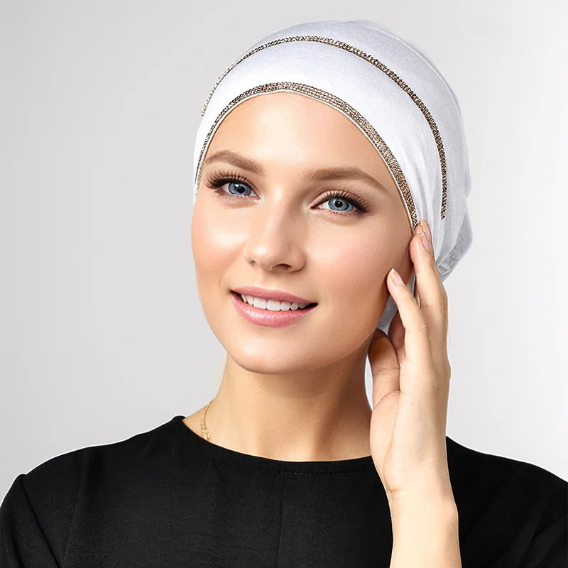 Double Row Rhinestone Hijabs Women Tie Back Caps Muslim Shiny Inner Hijabs Turban Elasticity Strap Caps Soft Jersey Undercaps