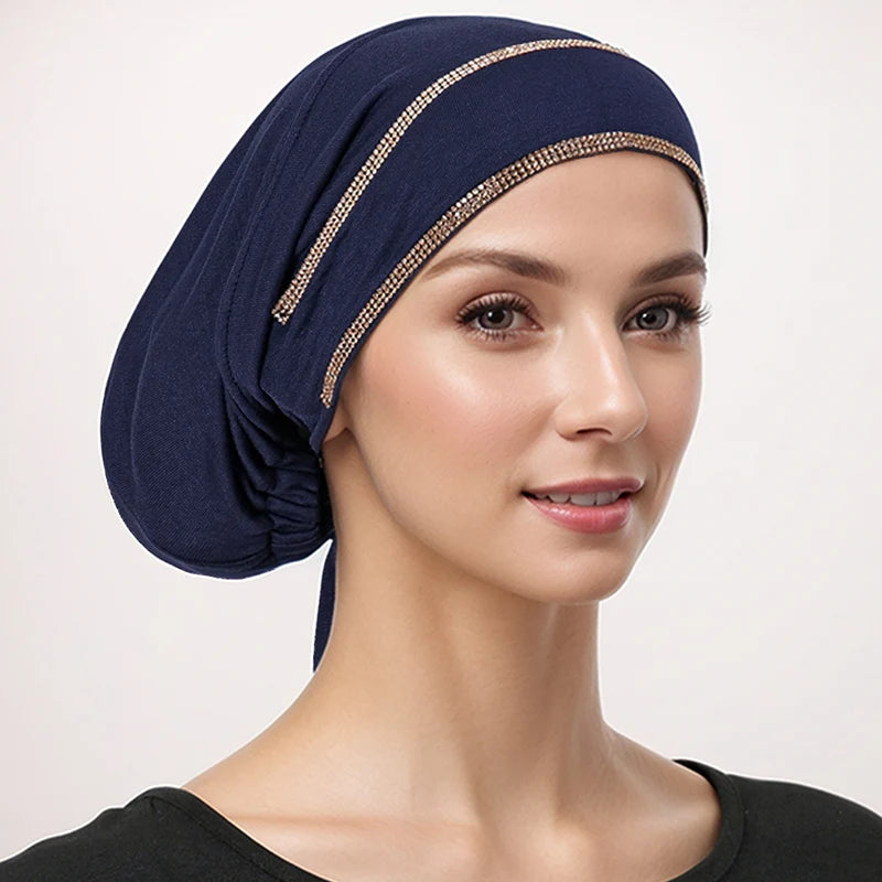 Double Row Rhinestone Hijabs Women Tie Back Caps Muslim Shiny Inner Hijabs Turban Elasticity Strap Caps Soft Jersey Undercaps