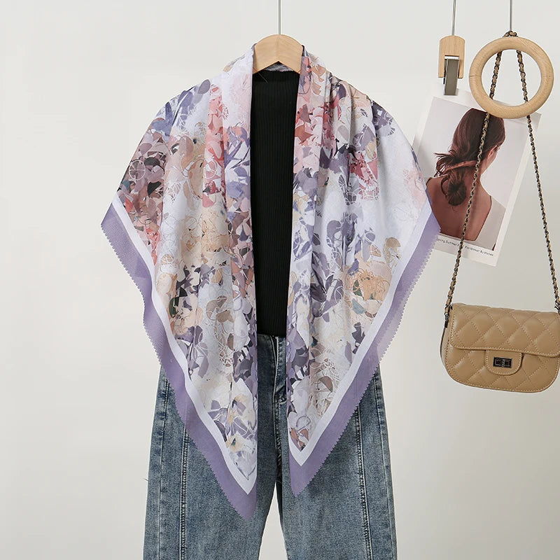 Wholesale 110*110cm Printed Viscose Scarf Malaysia Floral Square Hijabs Laser Edge Maldives Scarves Premium Muslim Woman Hijabs