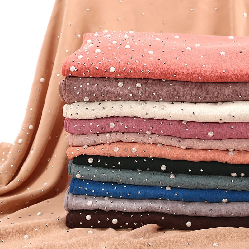 Fashion Plain Diamond Beads Bubble Chiffon Hijabs Shawls Head Wraps Hijabs For Woman Foulard Sjaal Bonnet Cachecol 180*75cm
