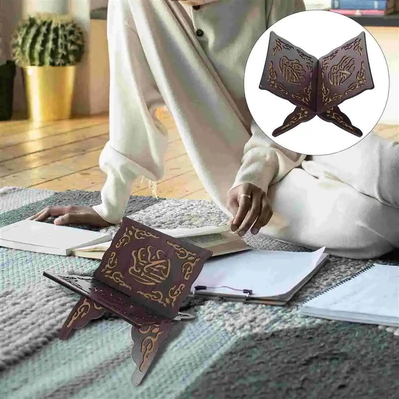 2Pcs Wooden Book Stand Islamic Quran Holder Vintage Carved Bookshelf Religious Decoration Foldable Book Holder For Festival Wood