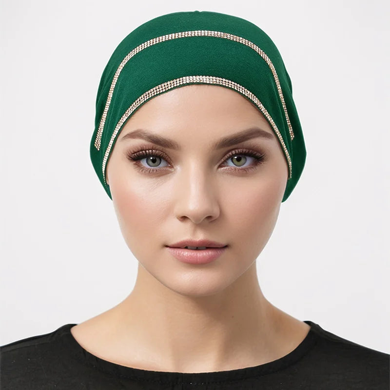 Double Row Rhinestone Hijabs Women Tie Back Caps Muslim Shiny Inner Hijabs Turban Elasticity Strap Caps Soft Jersey Undercaps