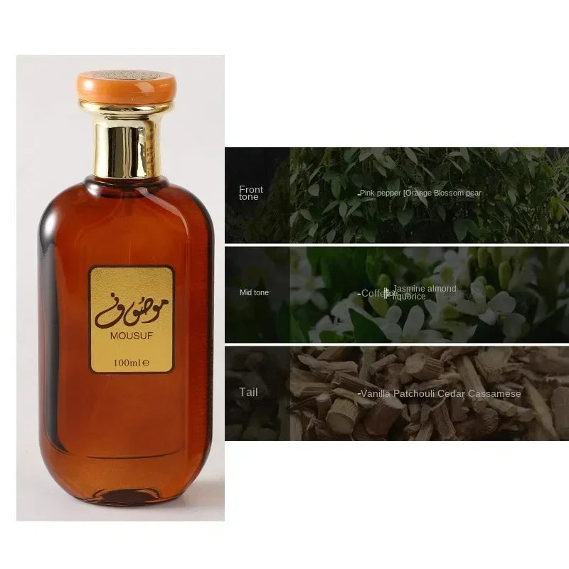 The 100 - ml original Dubai MOUSUF Arabian perfume is a unisex light fragrance. It combines various scents like