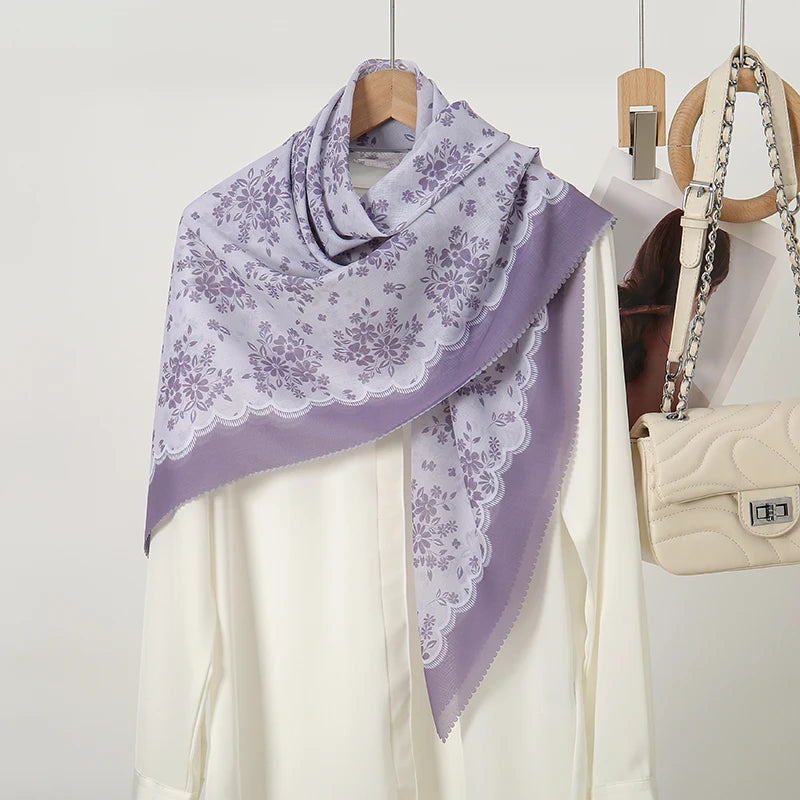 Wholesale 110*110cm Printed Viscose Scarf Malaysia Floral Square Hijabs Laser Edge Maldives Scarves Premium Muslim Woman Hijabs