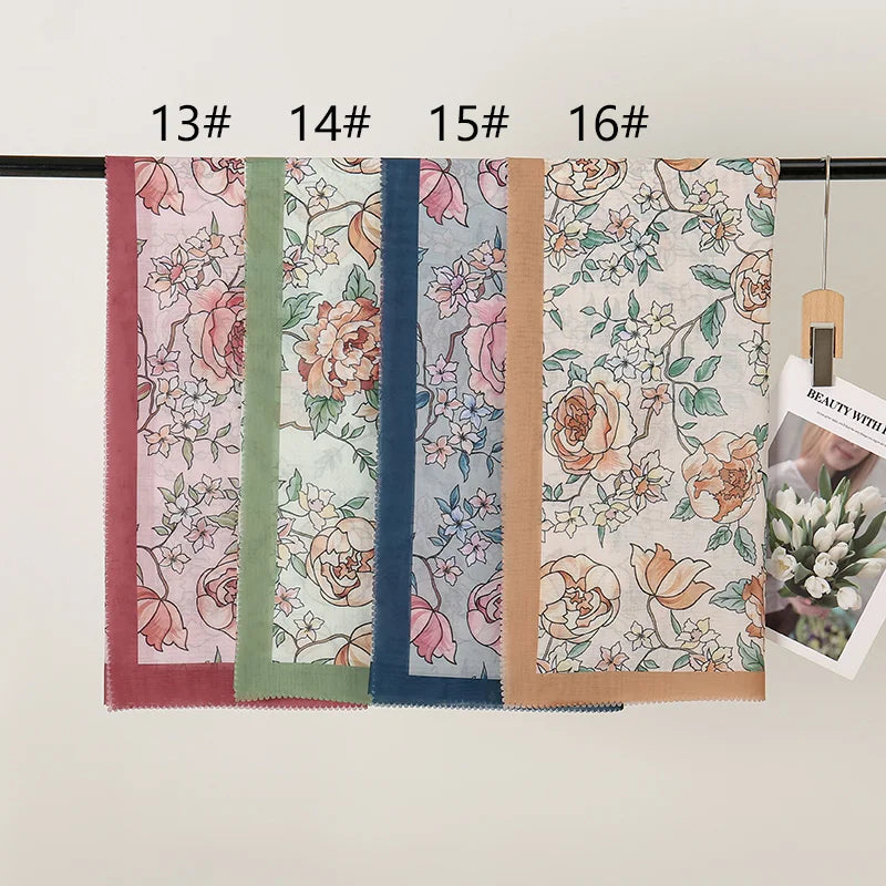 Wholesale 110*110cm Printed Viscose Scarf Malaysia Floral Square Hijabs Laser Edge Maldives Scarves Premium Muslim Woman Hijabs