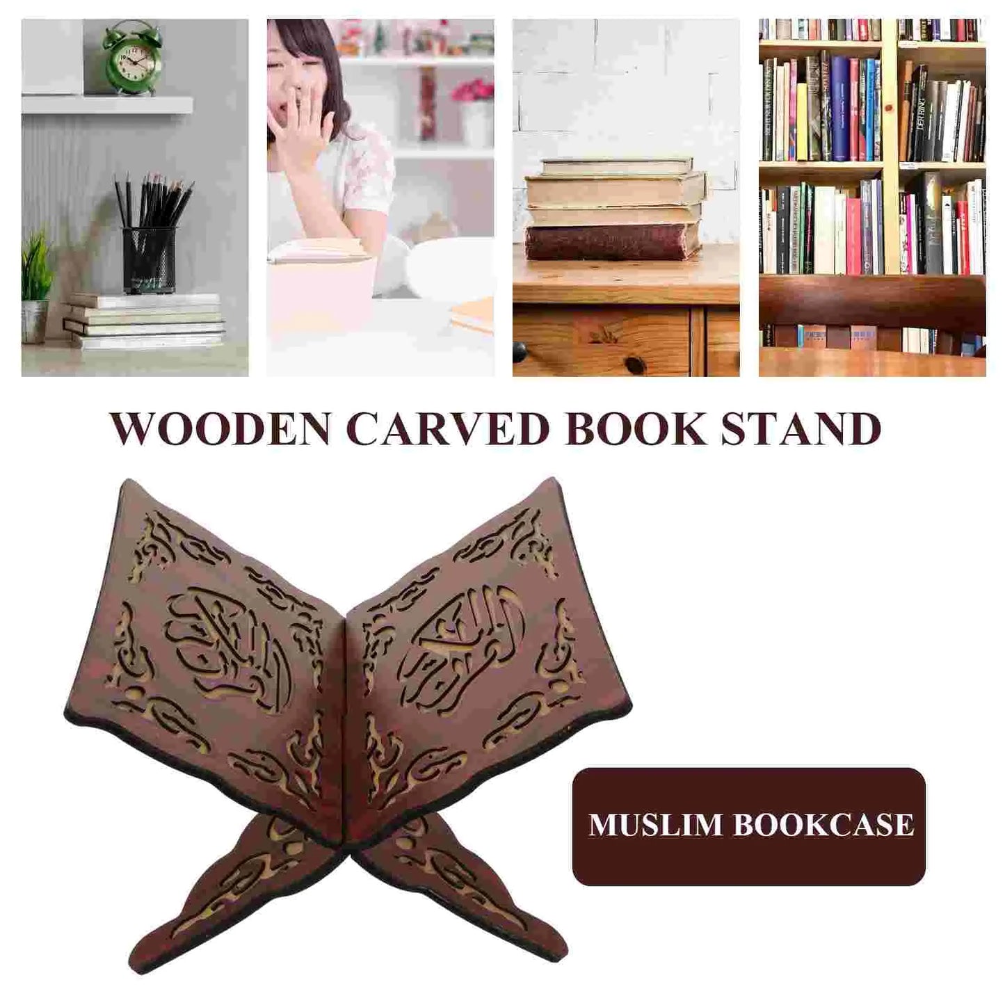 2Pcs Wooden Book Stand Islamic Quran Holder Vintage Carved Bookshelf Religious Decoration Foldable Book Holder For Festival Wood