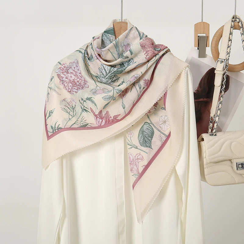 Wholesale 110*110cm Printed Viscose Scarf Malaysia Floral Square Hijabs Laser Edge Maldives Scarves Premium Muslim Woman Hijabs