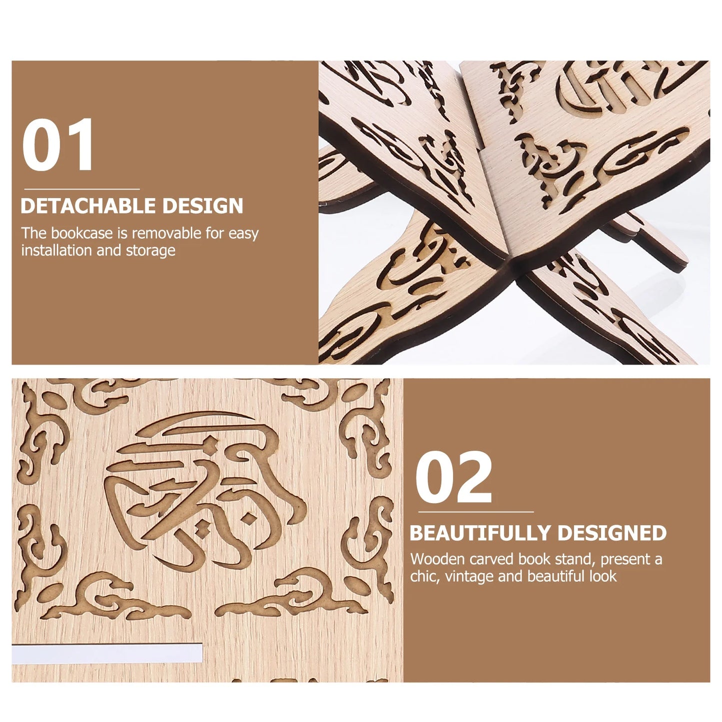 2Pcs Wooden Book Stand Islamic Quran Holder Vintage Carved Bookshelf Religious Decoration Foldable Book Holder For Festival Wood