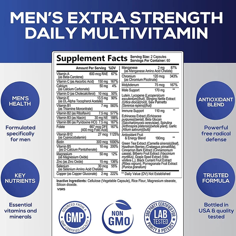 Men's Multivitamin Supplement with Vitamins A, B12, C, D & E Non-GMO Capsules