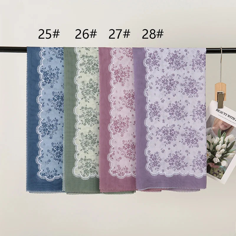 Wholesale 110*110cm Printed Viscose Scarf Malaysia Floral Square Hijabs Laser Edge Maldives Scarves Premium Muslim Woman Hijabs