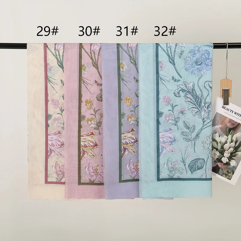 Wholesale 110*110cm Printed Viscose Scarf Malaysia Floral Square Hijabs Laser Edge Maldives Scarves Premium Muslim Woman Hijabs