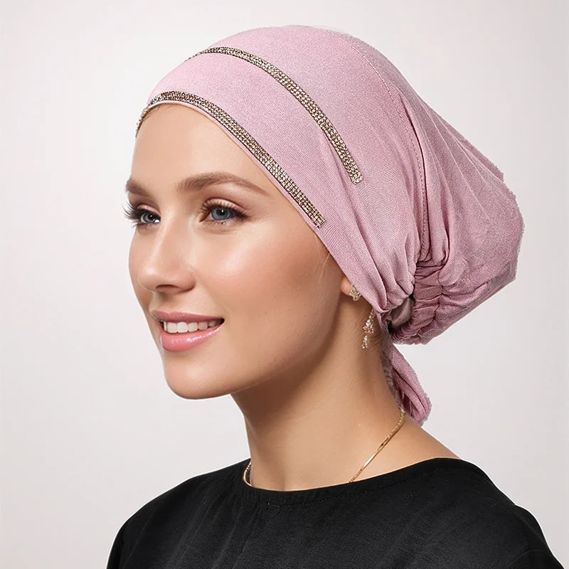 Double Row Rhinestone Hijabs Women Tie Back Caps Muslim Shiny Inner Hijabs Turban Elasticity Strap Caps Soft Jersey Undercaps