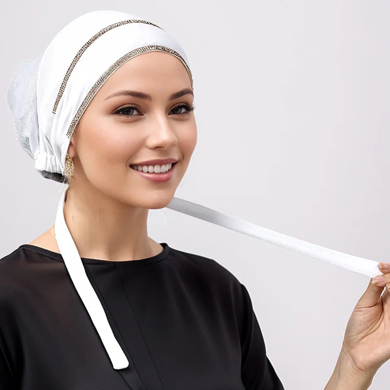 Double Row Rhinestone Hijabs Women Tie Back Caps Muslim Shiny Inner Hijabs Turban Elasticity Strap Caps Soft Jersey Undercaps