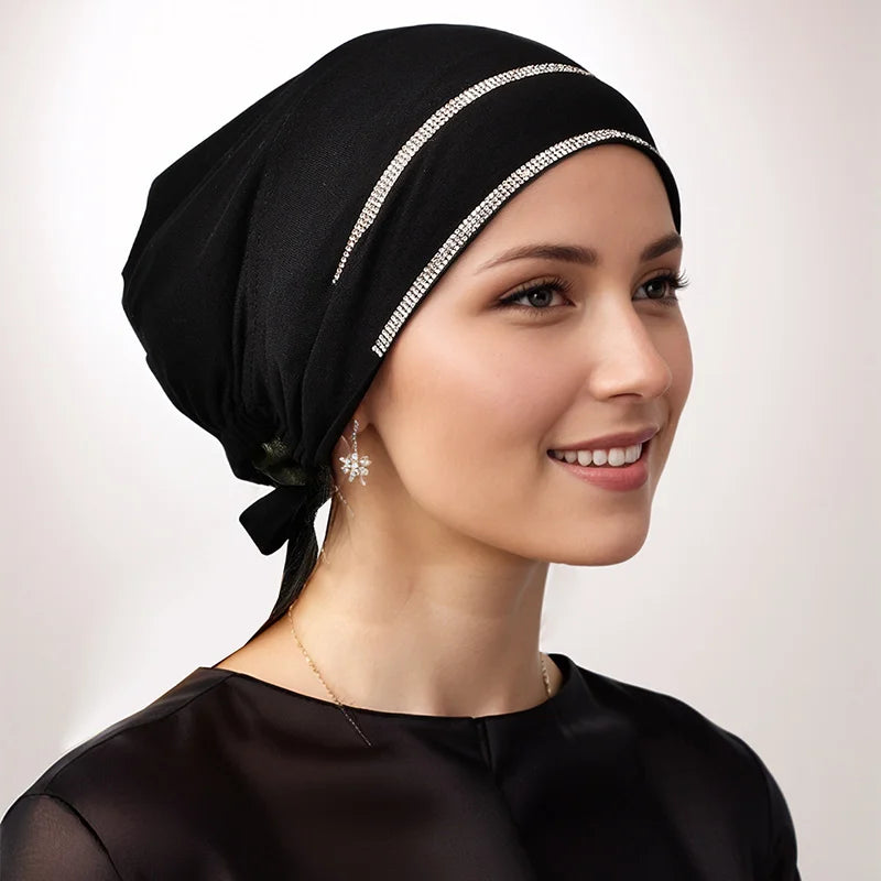 Double Row Rhinestone Hijabs Women Tie Back Caps Muslim Shiny Inner Hijabs Turban Elasticity Strap Caps Soft Jersey Undercaps