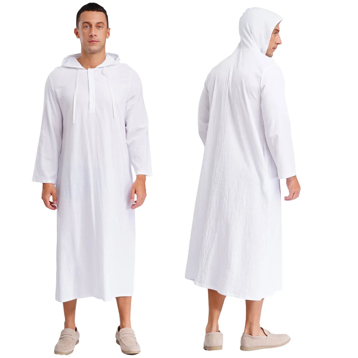 Mens Jubba Thobes Linen Muslim Robe Hooded