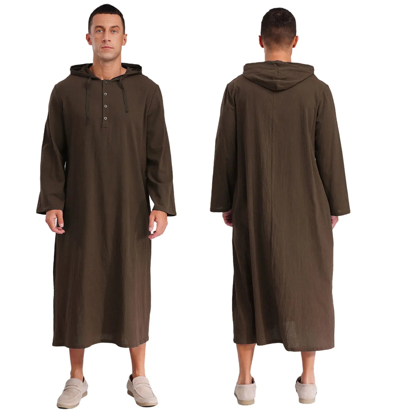 Mens Jubba Thobes Linen Muslim Robe Hooded