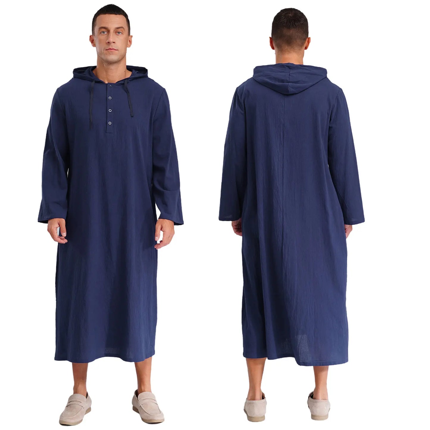 Mens Jubba Thobes Linen Muslim Robe Hooded
