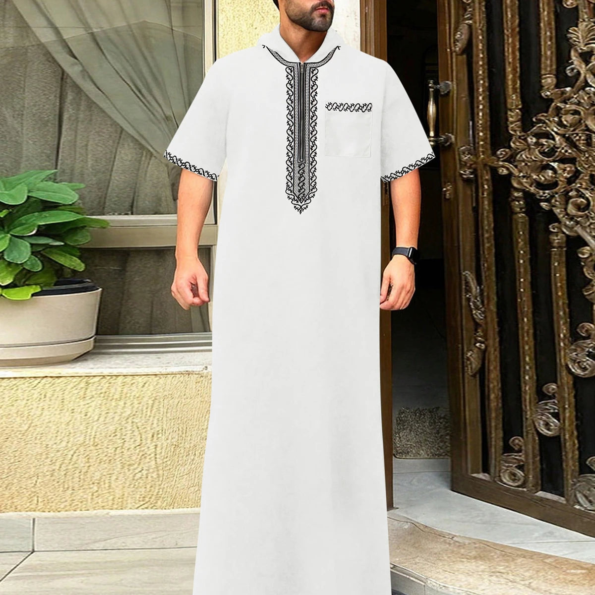 Men's Thobe Short-Sleeved Embroidered Hood