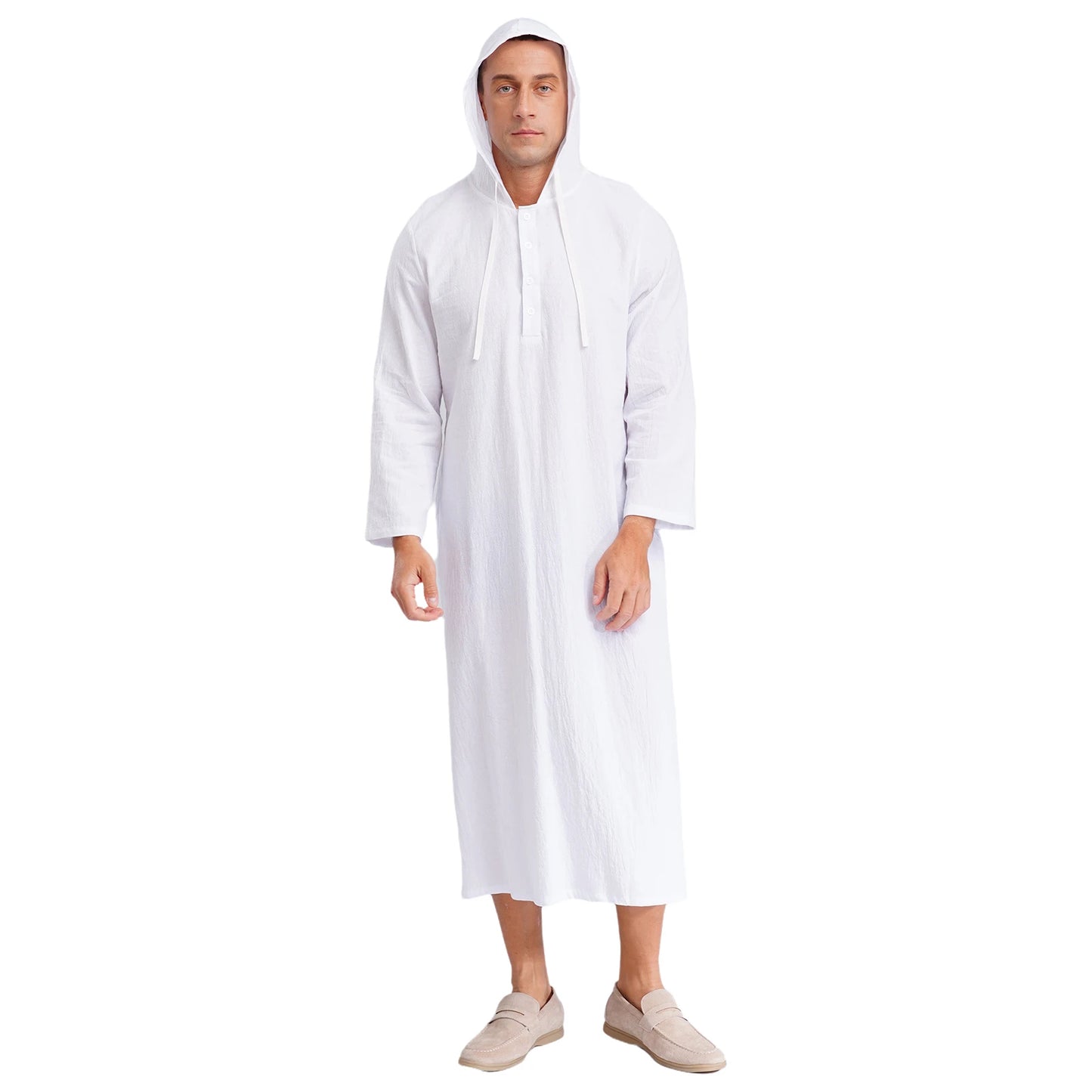 Mens Jubba Thobes Linen Muslim Robe Hooded