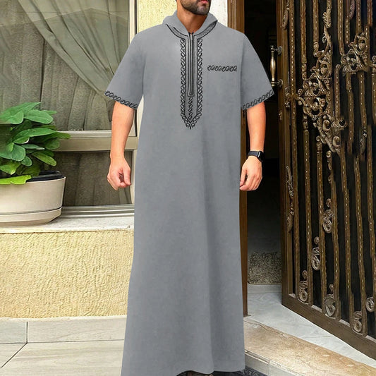 Men's Thobe Short-Sleeved Embroidered Hood