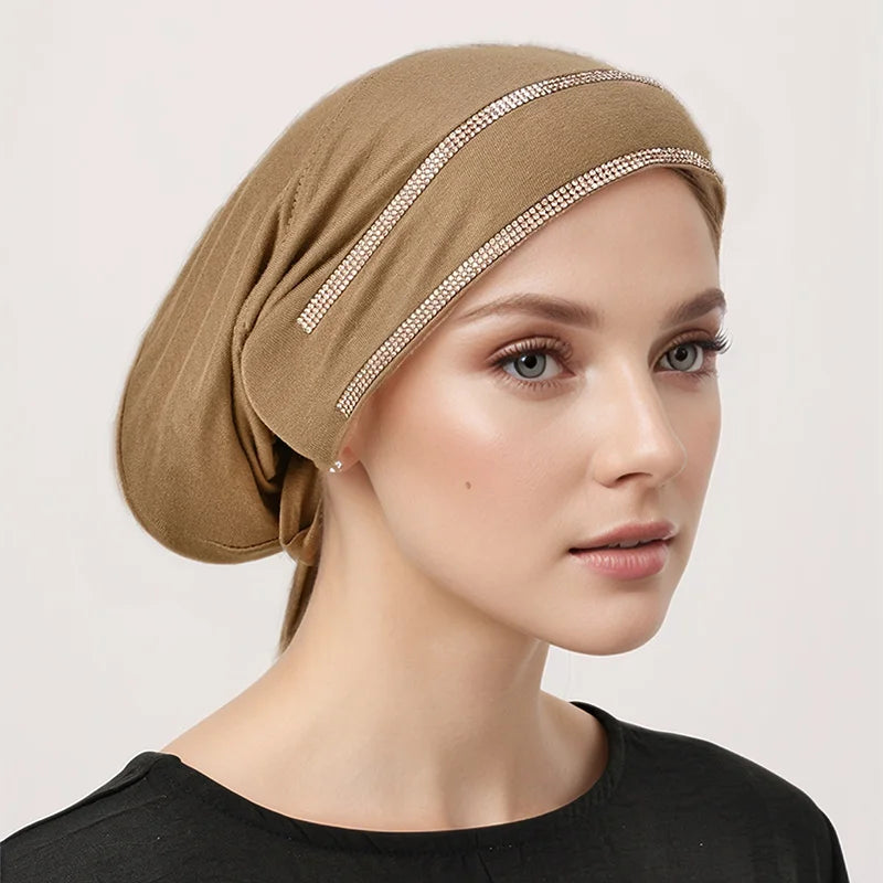 Double Row Rhinestone Hijabs Women Tie Back Caps Muslim Shiny Inner Hijabs Turban Elasticity Strap Caps Soft Jersey Undercaps