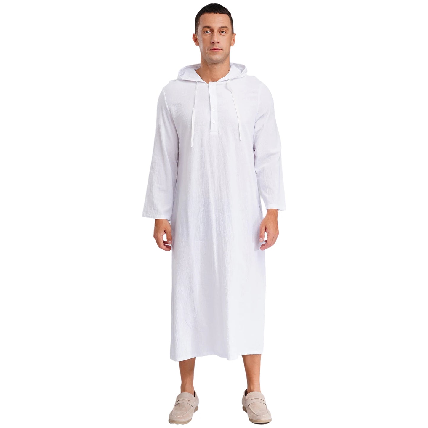 Mens Jubba Thobes Linen Muslim Robe Hooded