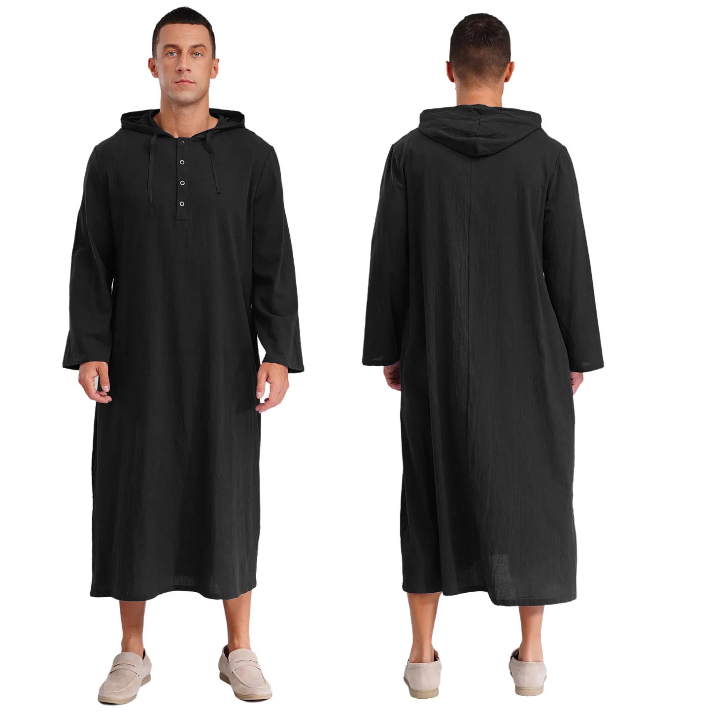 Mens Jubba Thobes Linen Muslim Robe Hooded