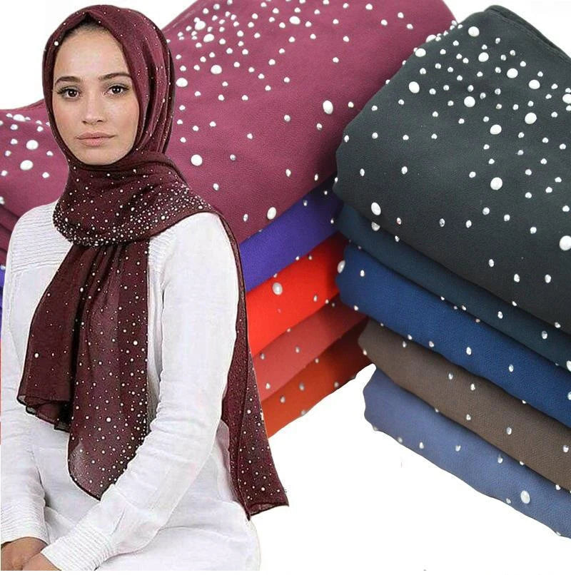Fashion Plain Diamond Beads Bubble Chiffon Hijabs Shawls Head Wraps Hijabs For Woman Foulard Sjaal Bonnet Cachecol 180*75cm