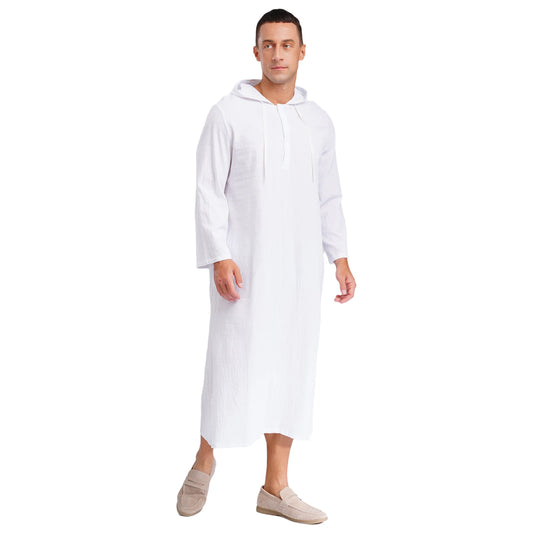 Mens Jubba Thobes Linen Muslim Robe Hooded