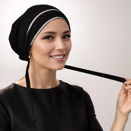 Double Row Rhinestone Hijabs Women Tie Back Caps Muslim Shiny Inner Hijabs Turban Elasticity Strap Caps Soft Jersey Undercaps